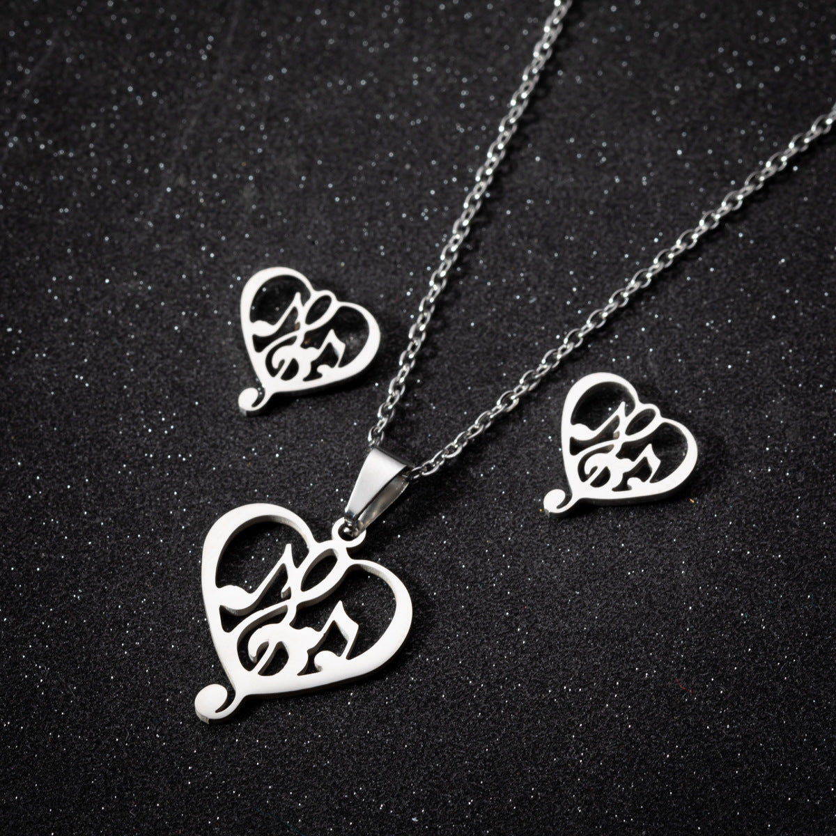 Heart Shape Earrings and Necklace for Women in Silver Coated with Electroplated Design, Waterproof Non Tarnish 201 Stainless Steel Jewelry Set