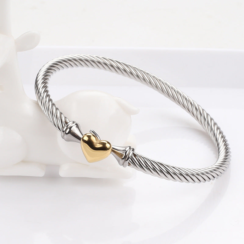 Heart Shape Two Tone Bangle for Women in 304 Stainless Steel with 18K Real Gold PVD Coated Plating