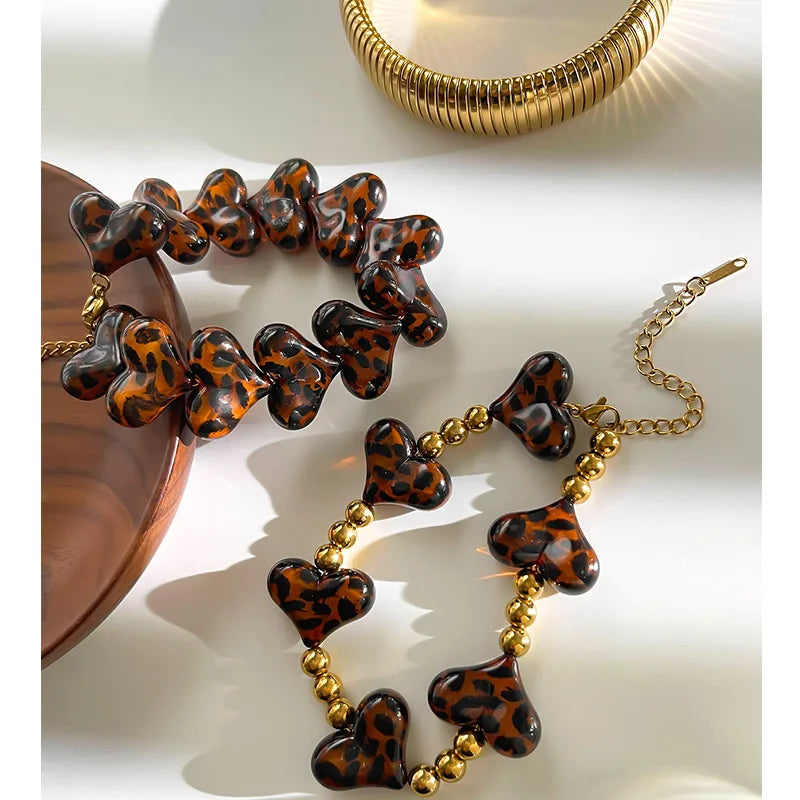 1 Piece  Stainless Steel Heart-Shaped Beaded 18K Gold Plated Layered Bracelet Leopard Print