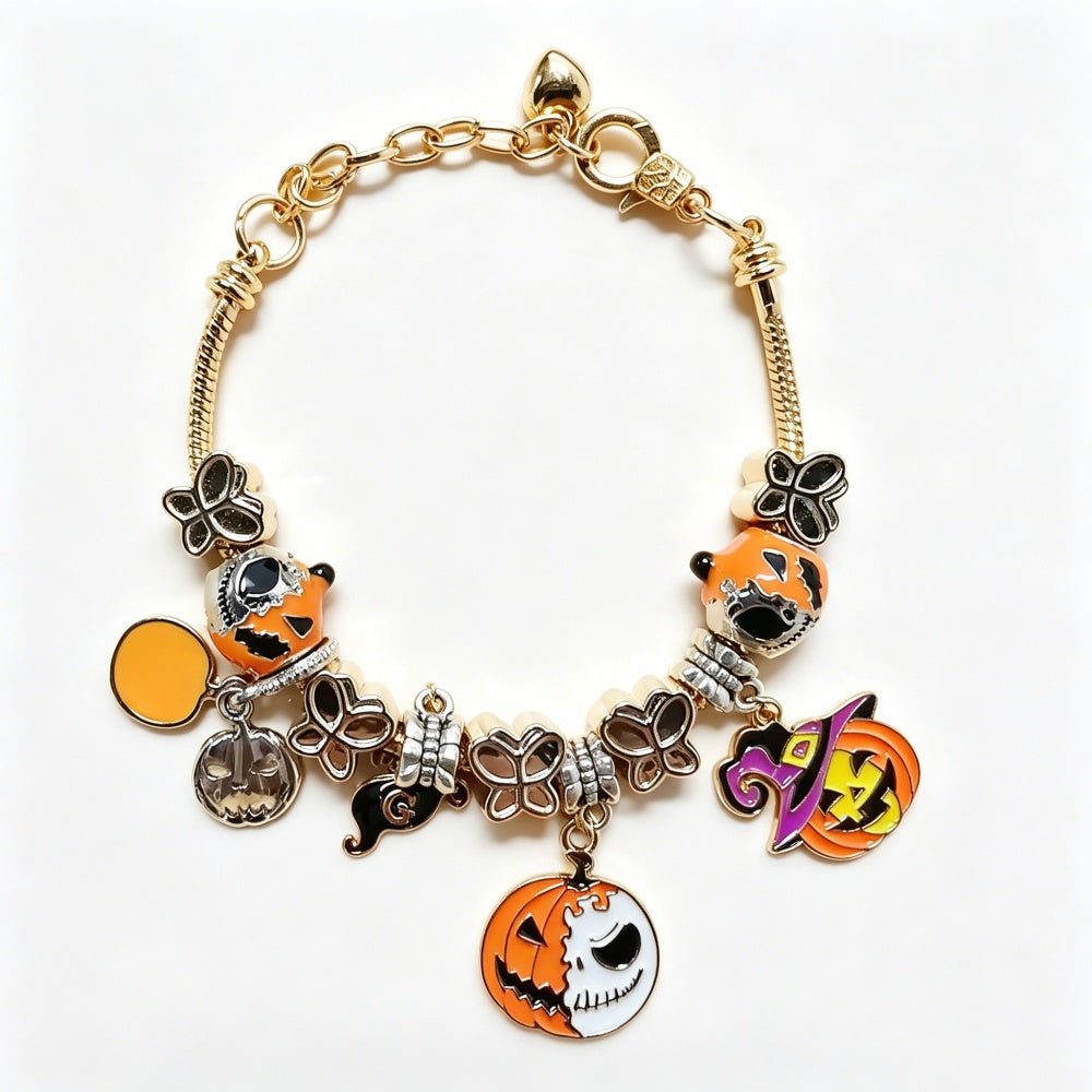 Handmade Cute Pumpkin Bracelet for Women in Gold Zinc Alloy with Handmade Chain