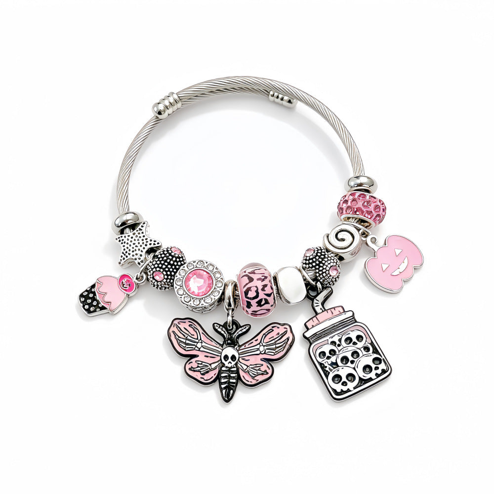 Vintage Style Butterfly Bangle for Women in Stainless Steel with Electroplated Gold Plating and Slider Chain