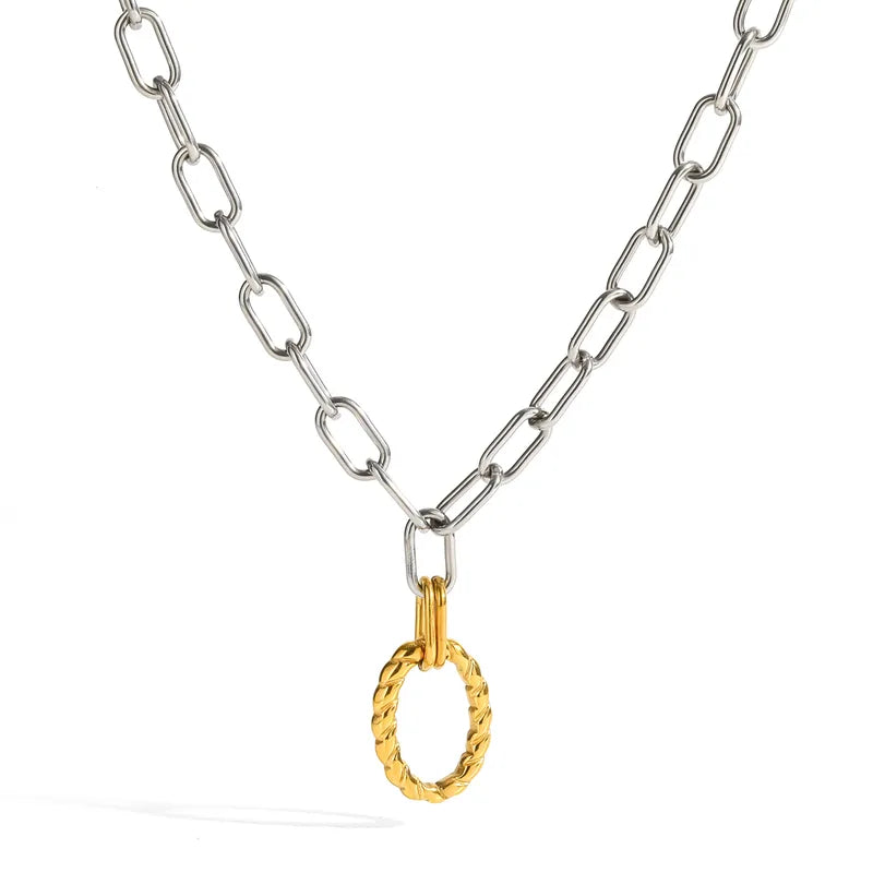 Oval Electroplated Jewelry Set  In 304 Stainless Steel With 18K Real Gold Plated PVD Coated Finish And Paperclip Chain